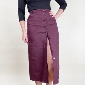 Vintage 100% Silk Midi Skirt Column Straight Cut Slit High Rise Waist Button Up